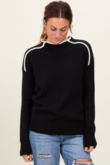 Black Mock Neck Contrast Piping Sweater