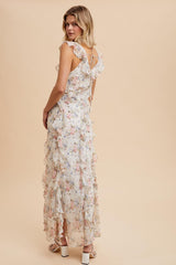 Ivory Floral Ruffled Chiffon Dress