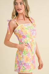 Lime Orange Floral Romper With Scallop Stitch Trim