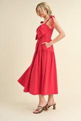 Raspberry Bow Front Scalloped Midi Dress