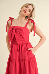 Raspberry Bow Front Scalloped Midi Dress