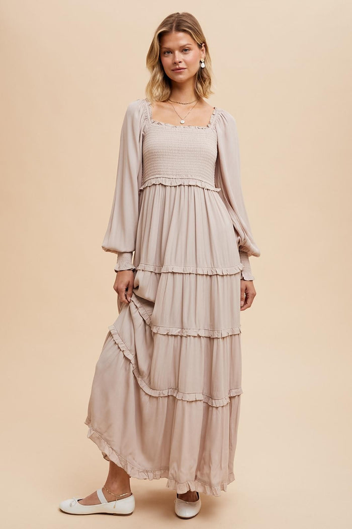 Beige Smocked Long Sleeve Ruffle Tiered Maternity Maxi Dress