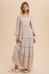 Beige Smocked Long Sleeve Ruffle Tiered Maxi Dress