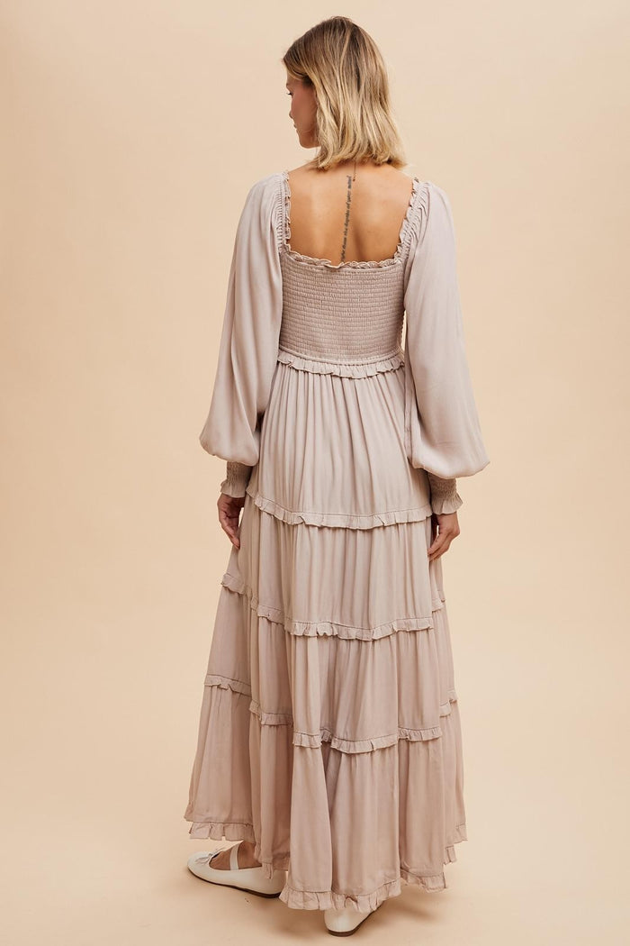 Beige Smocked Long Sleeve Ruffle Tiered Maxi Dress