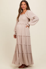 Beige Smocked Long Sleeve Ruffle Tiered Maternity Maxi Dress