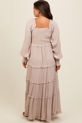 Beige Smocked Long Sleeve Ruffle Tiered Maternity Maxi Dress