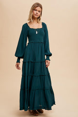 Forest Green Smocked Long Sleeve Ruffle Tiered Maxi Dress