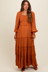 Camel Smocked Long Sleeve Ruffle Tiered Maternity Maxi Dress