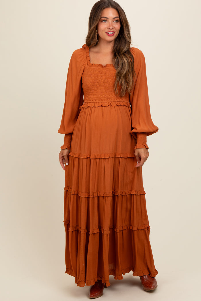 Camel Smocked Long Sleeve Ruffle Tiered Maternity Maxi Dress