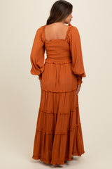 Camel Smocked Long Sleeve Ruffle Tiered Maternity Maxi Dress