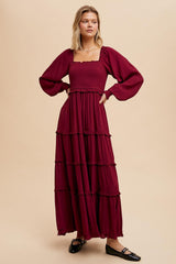 Burgundy Smocked Long Sleeve Ruffle Tiered Maxi Dress