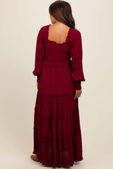 Burgundy Smocked Long Sleeve Ruffle Tiered Maternity Maxi Dress