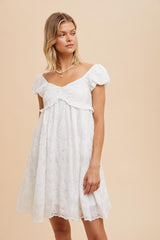 White Floral Lace Embroidered Puff Sleeve Dress