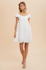 White Floral Lace Embroidered Puff Sleeve Dress