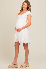 White Floral Lace Embroidered Puff Sleeve Maternity Dress