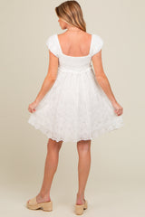 White Floral Lace Embroidered Puff Sleeve Maternity Dress