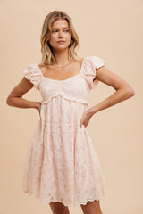 Light Pink Floral Lace Embroidered Puff Sleeve Dress