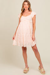 Light Pink Floral Lace Embroidered Puff Sleeve Maternity Dress