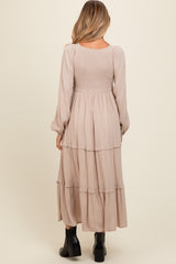 Beige Smocked V-Neck Ruffle Tiered Maternity Maxi Dress