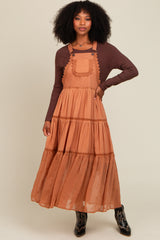 Camel Overall Crochet Lace Tiered Dress