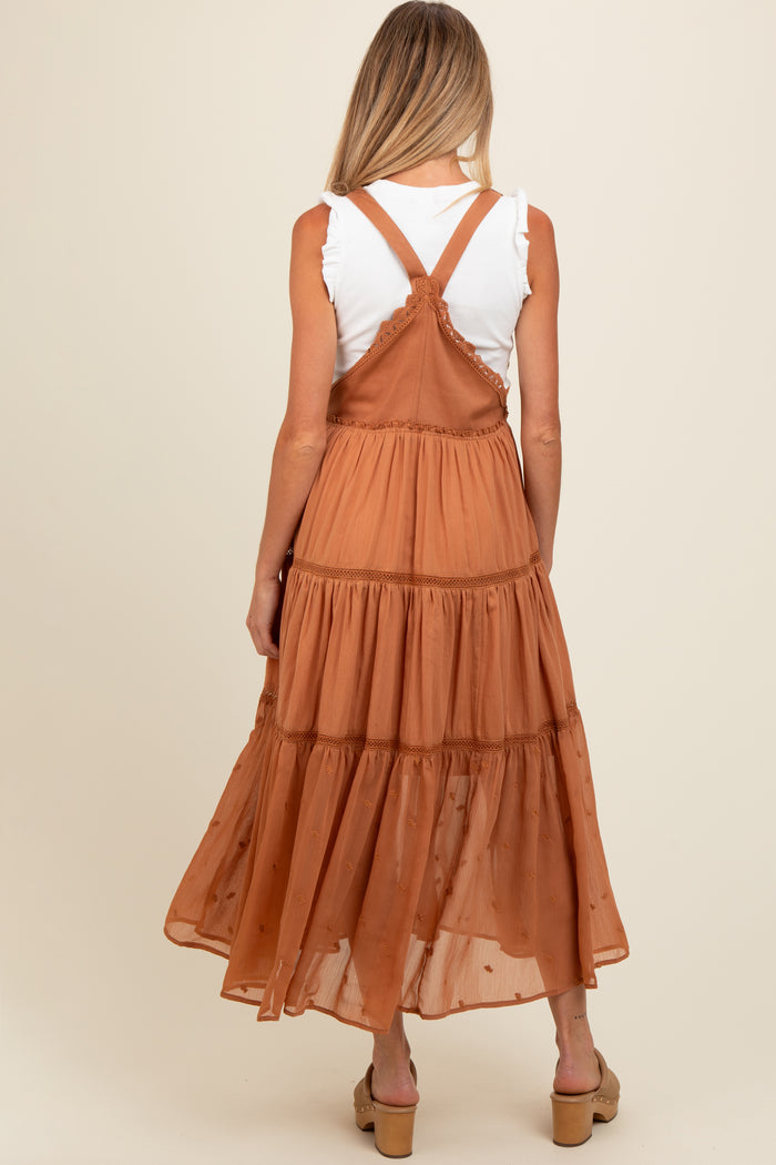 Camel Overall Crochet Lace Tiered Maternity Dress