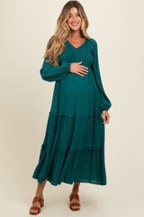 Emerald Smocked Tiered Maternity Midi Dress