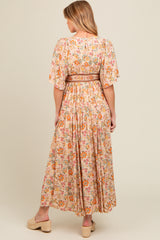 Ivory Floral Border Print Flutter Sleeve Maternity Maxi Dress