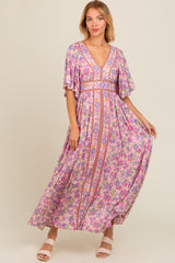 Light Pink Floral Border Print Flutter Sleeve Maxi Dress