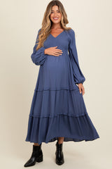 Blue Smocked Tiered Maternity Midi Dress