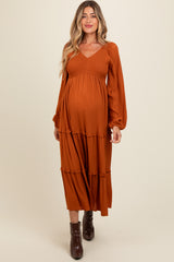 Camel Smocked Tiered Maternity Midi Dress