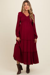 Burgundy Smocked Tiered Maternity Midi Dress