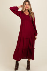 Burgundy Smocked Tiered Maternity Midi Dress