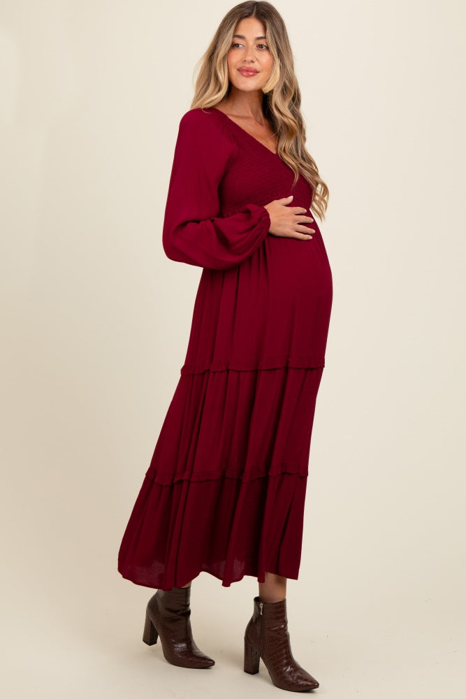 Burgundy Smocked Tiered Maternity Midi Dress