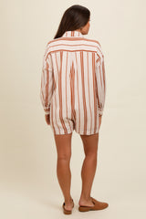 Camel Striped Button Down Maternity Romper