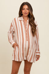 Camel Striped Button Down Maternity Romper