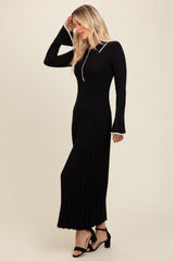 Black Ribbed Knit Collared Button Up Maxi Dress