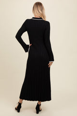 Black Ribbed Knit Collared Button Up Maxi Dress