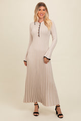 Beige Ribbed Knit Collared Button Up Maternity Maxi Dress