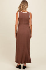 Brown Ribbed Knit Button Detail Sleeveless Maternity Maxi Dress