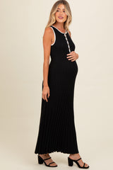 Black Ribbed Knit Button Detail Sleeveless Maternity Maxi Dress