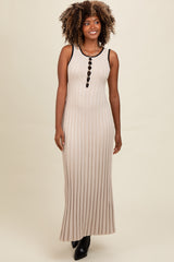 Beige Ribbed Knit Button Detail Sleeveless Maternity Maxi Dress