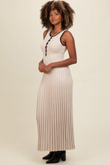 Beige Ribbed Knit Button Detail Sleeveless Maxi Dress