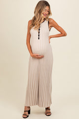 Beige Ribbed Knit Button Detail Sleeveless Maternity Maxi Dress