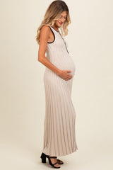 Beige Ribbed Knit Button Detail Sleeveless Maternity Maxi Dress