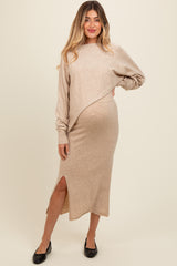 Beige Knit Asymmetrical Top Midi Skirt Maternity Set