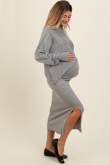 Heather Grey Knit Asymmetrical Top Midi Skirt Maternity Set