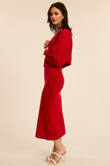 Red Knit Asymmetrical Top Midi Skirt Set