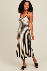Black Striped Knit Fitted Midi Dress
