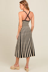 Black Striped Knit Fitted Maternity Midi Dress