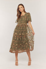 Olive Floral Embroidered Mesh Overlay Maternity Midi Dress